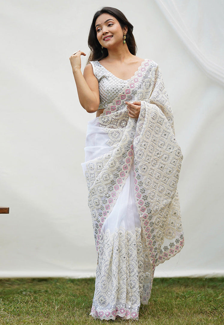 White Organza Saree With Blouse