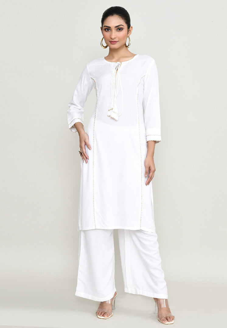 White Rayon Kurta Set With Palazzo