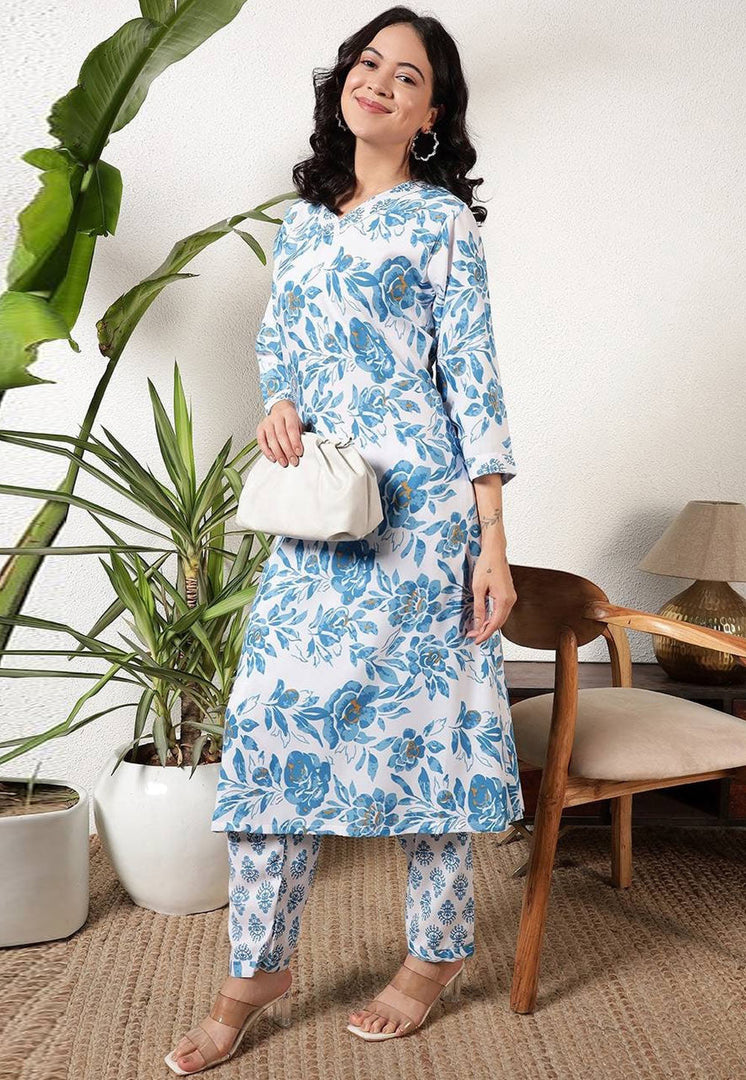 White Rayon Kurta Set With Pant