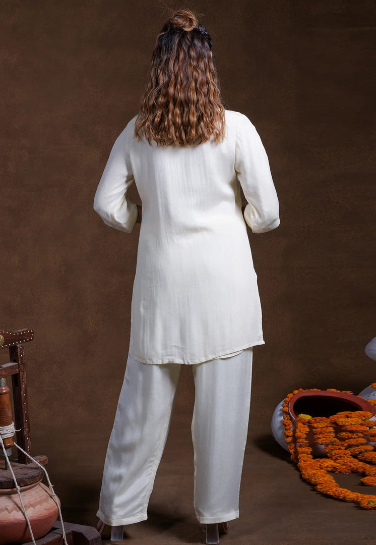 White Rayon Kurta Set With Pant