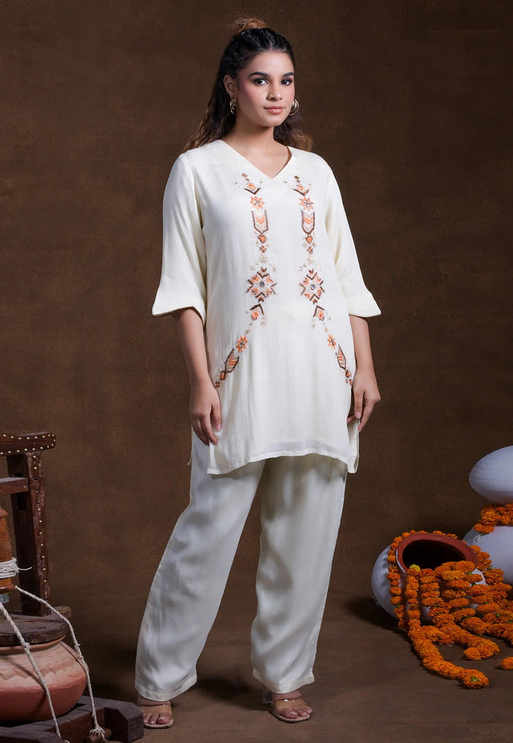 White Rayon Kurta Set With Pant