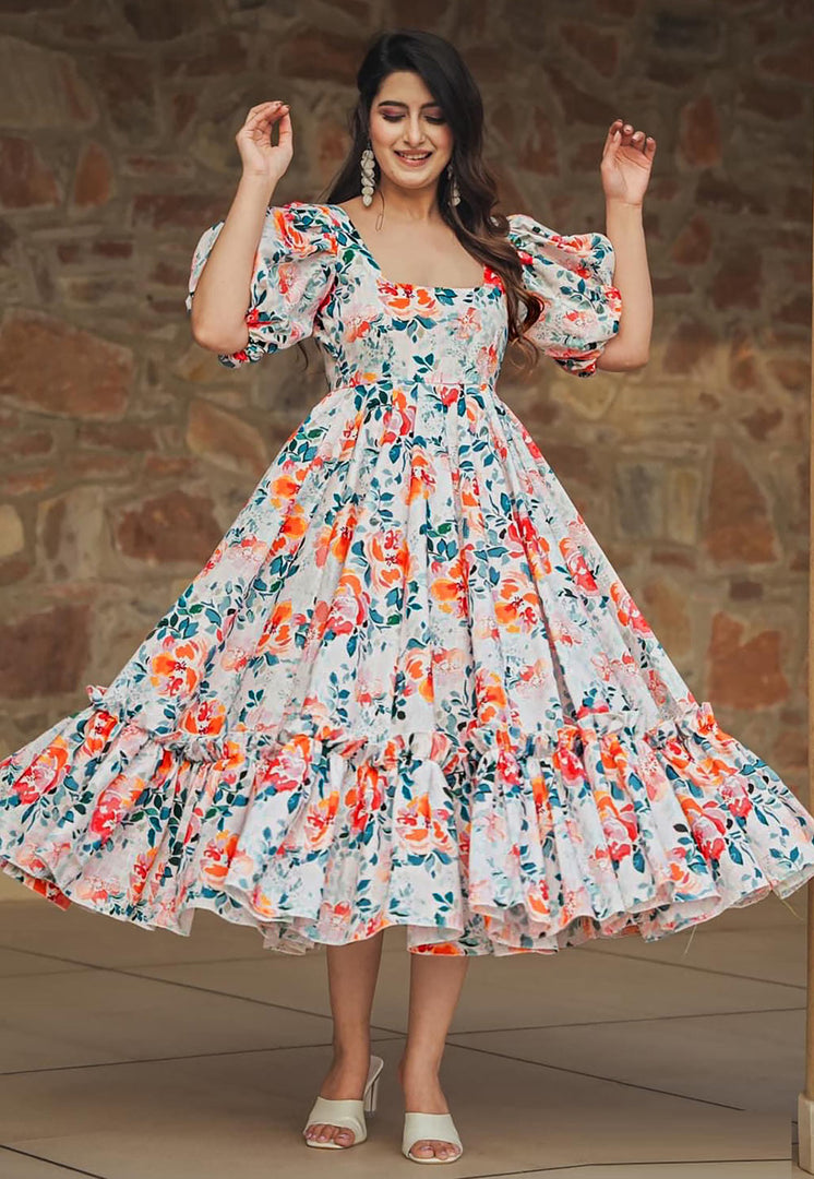 White Rayon Printed Gown