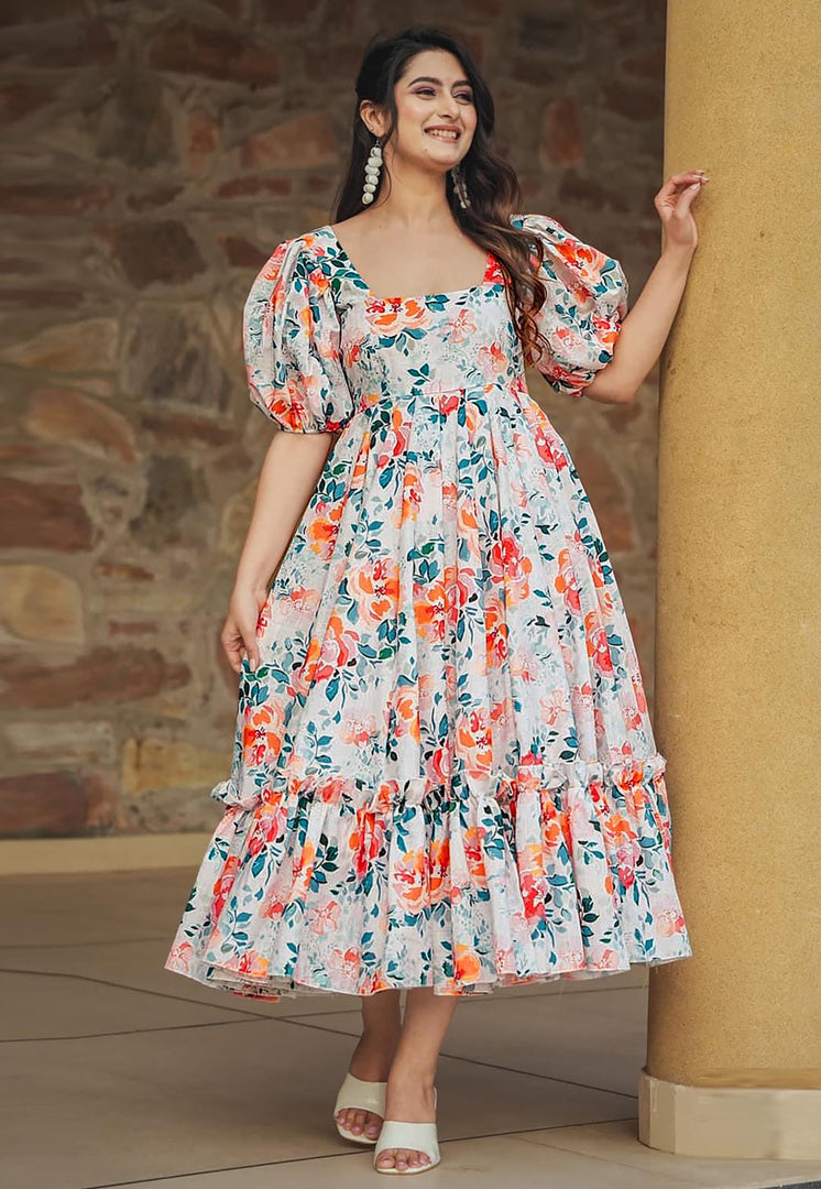 White Rayon Printed Gown
