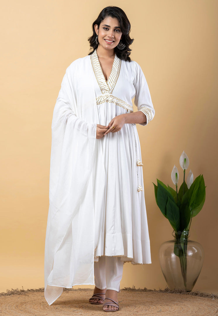 White Rayon Readymade Anarkali Suit
