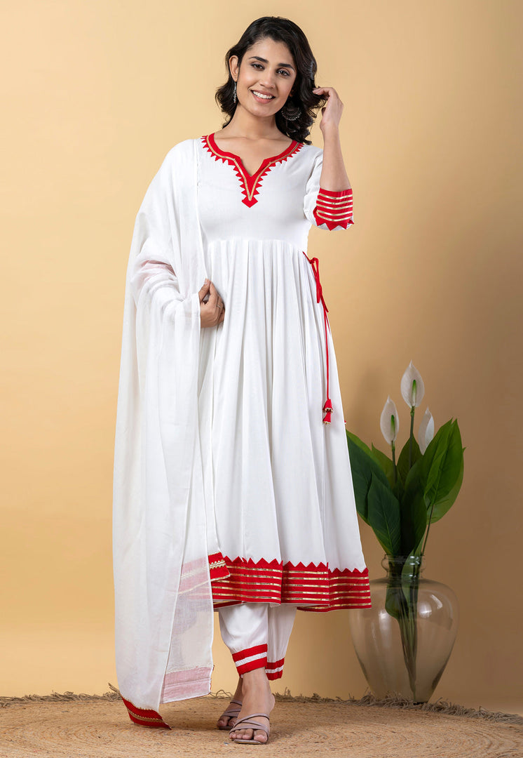 White Rayon Readymade Anarkali Suit