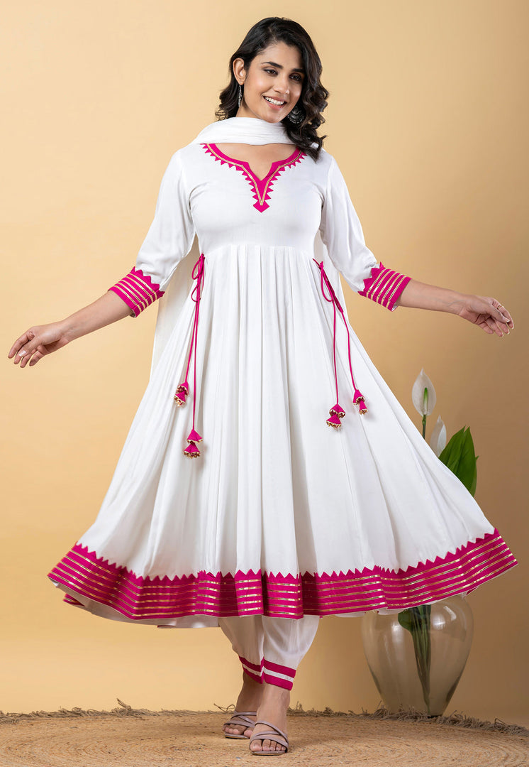 White Rayon Readymade Anarkali Suit