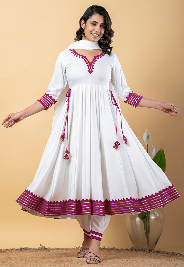 White Rayon Readymade Anarkali Suit