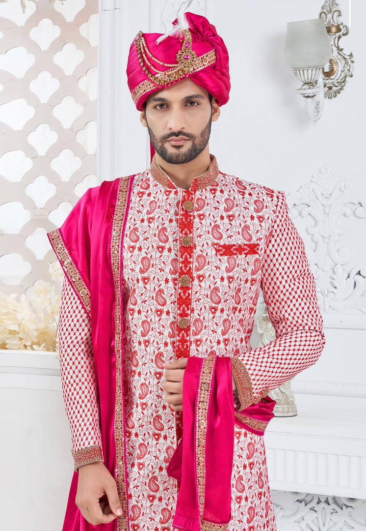 White Silk Achkan Style Sherwani