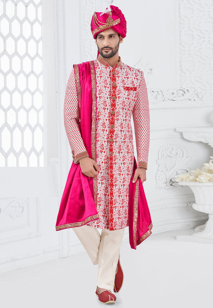 White Silk Achkan Style Sherwani