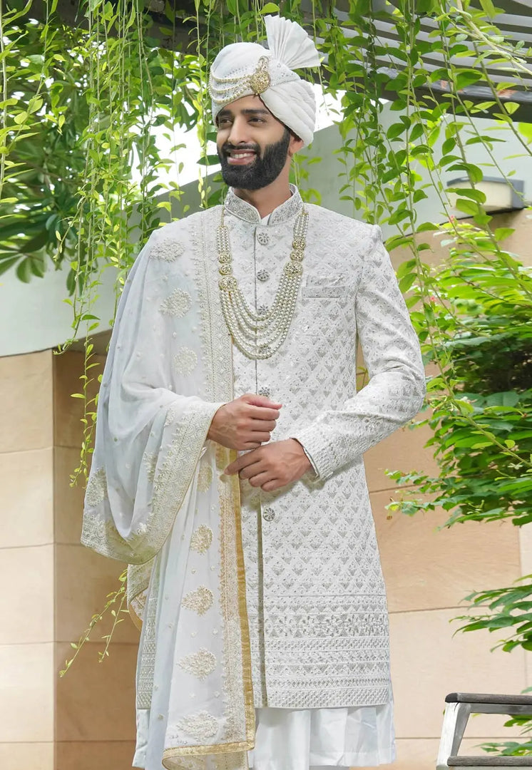 White Silk Anarkali Sherwani