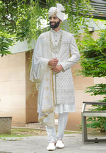 Load image into Gallery viewer, White Silk Anarkali Sherwani
