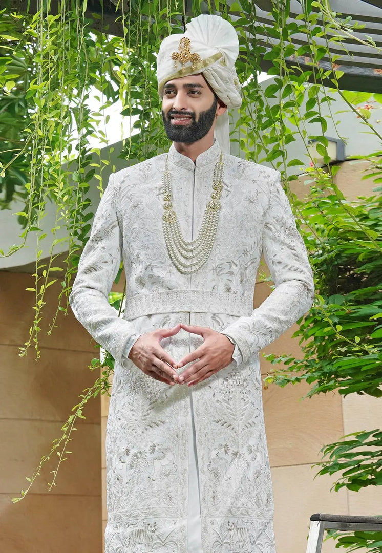 White Silk Anarkali Sherwani