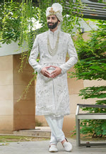 Load image into Gallery viewer, White Silk Anarkali Sherwani
