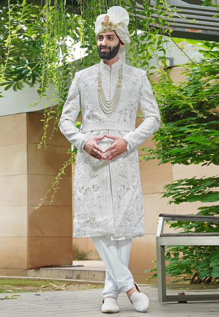 White Silk Anarkali Sherwani