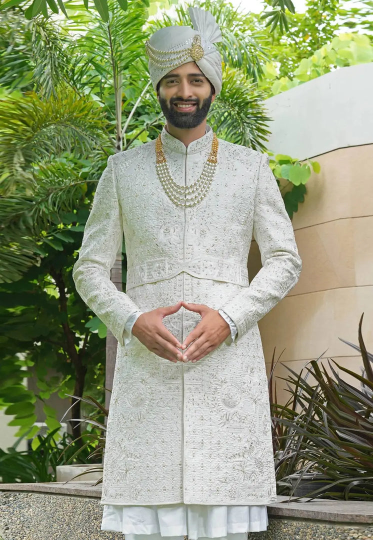 White Silk Anarkali Sherwani