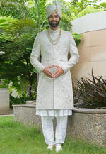 Load image into Gallery viewer, White Silk Anarkali Sherwani
