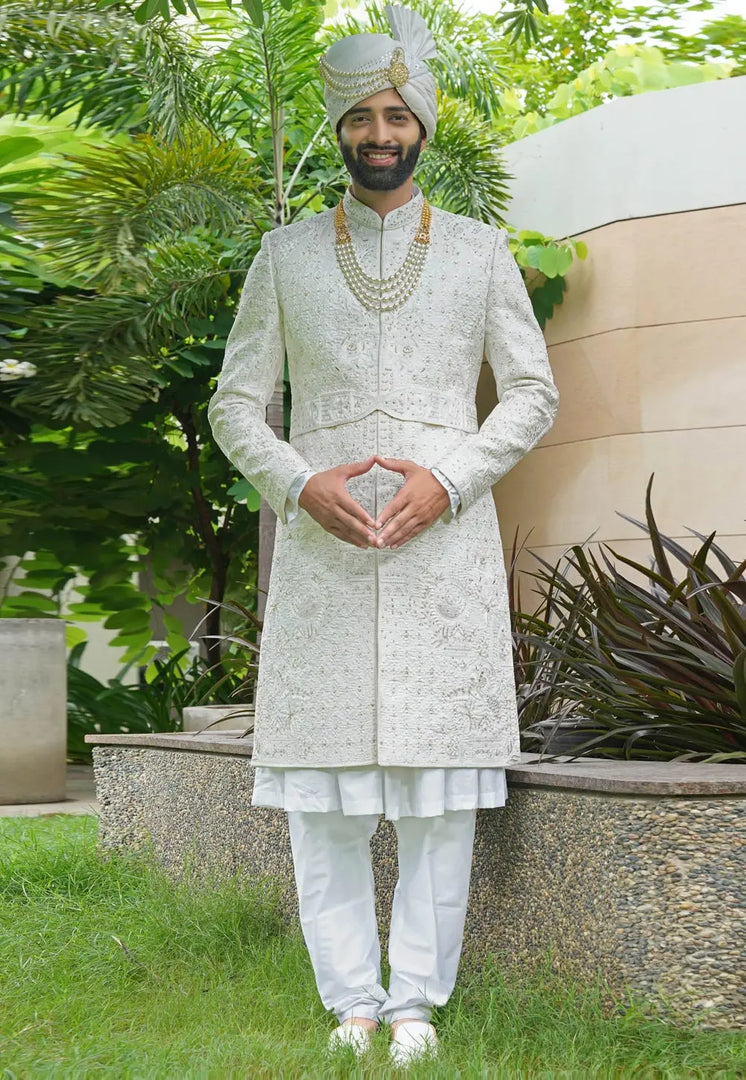 White Silk Anarkali Sherwani