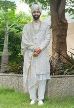 Load image into Gallery viewer, White Silk Anarkali Sherwani
