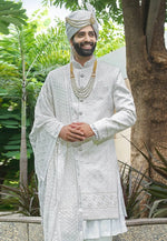 Load image into Gallery viewer, White Silk Anarkali Sherwani
