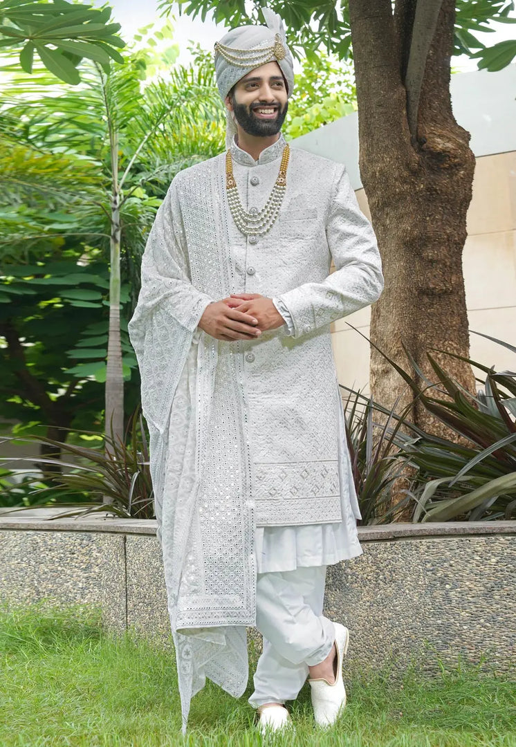 White Silk Anarkali Sherwani