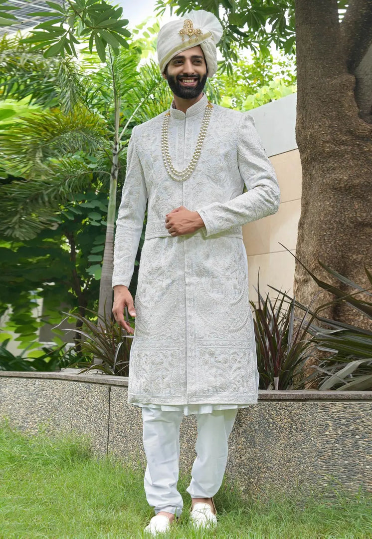White Silk Anarkali Sherwani