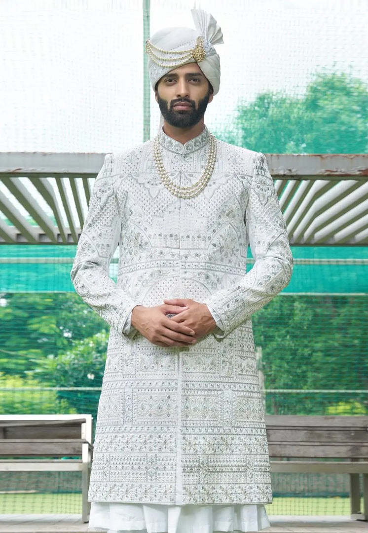White Silk Anarkali Sherwani