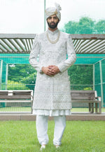 Load image into Gallery viewer, White Silk Anarkali Sherwani
