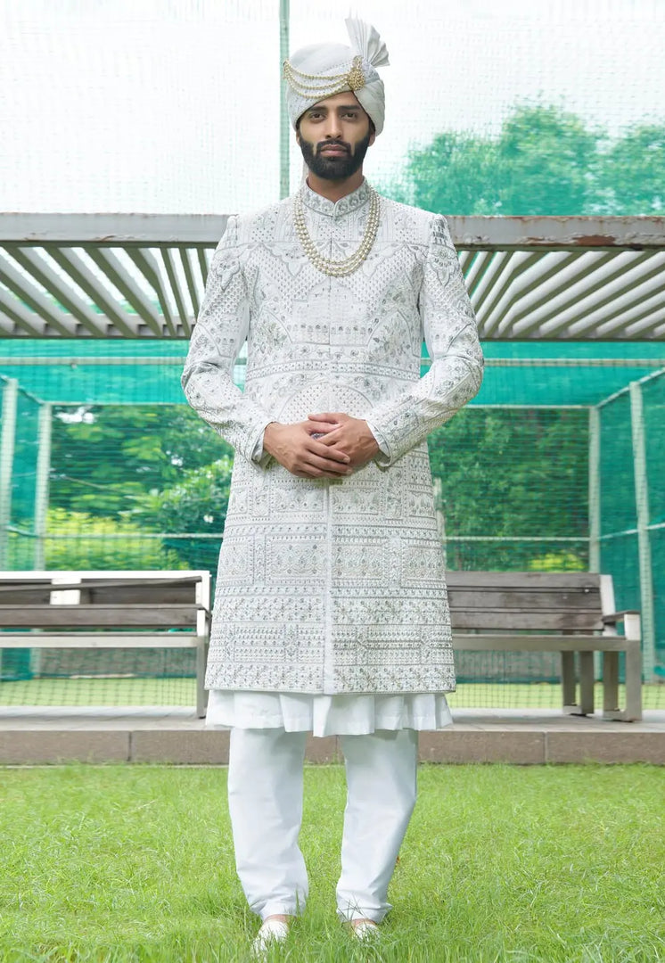 White Silk Anarkali Sherwani