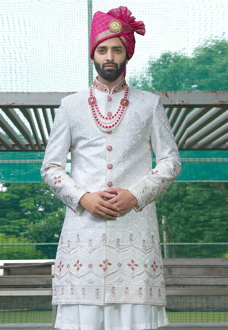 White Silk Anarkali Sherwani