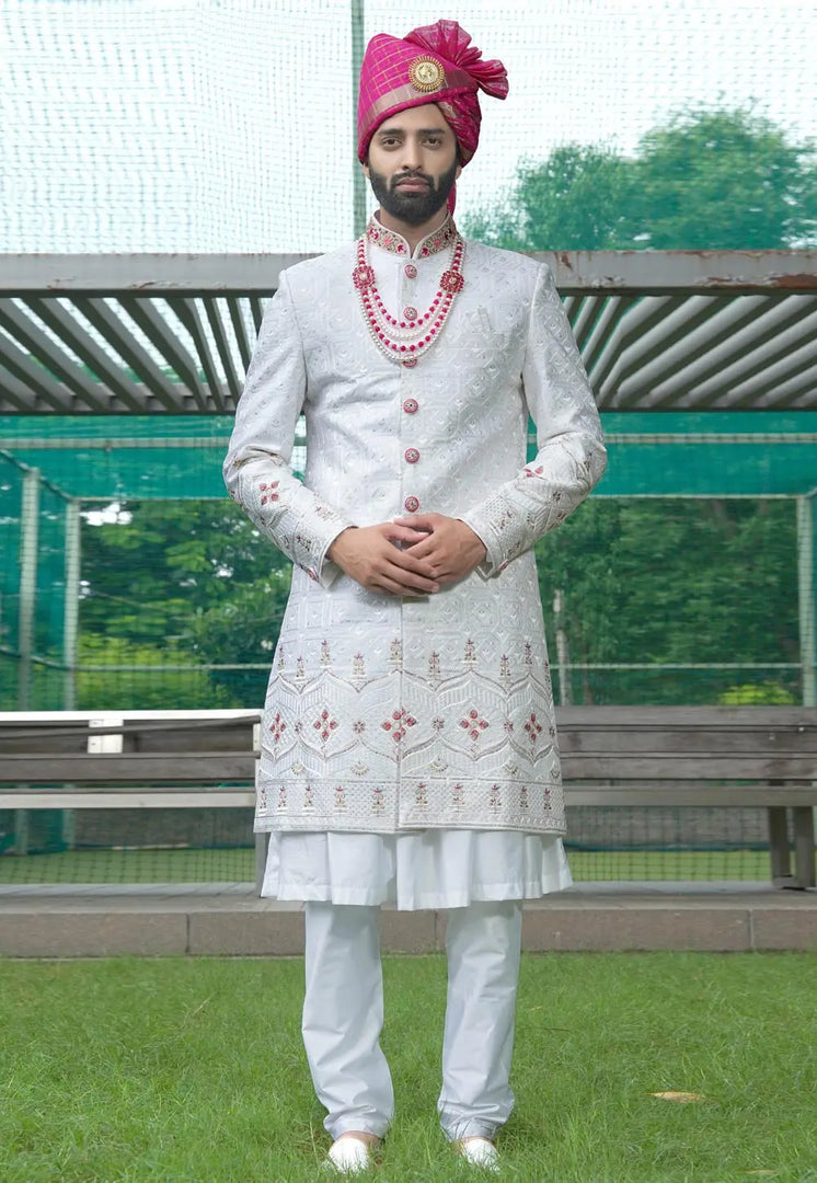 White Silk Anarkali Sherwani