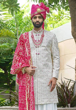 Load image into Gallery viewer, White Silk Anarkali Sherwani

