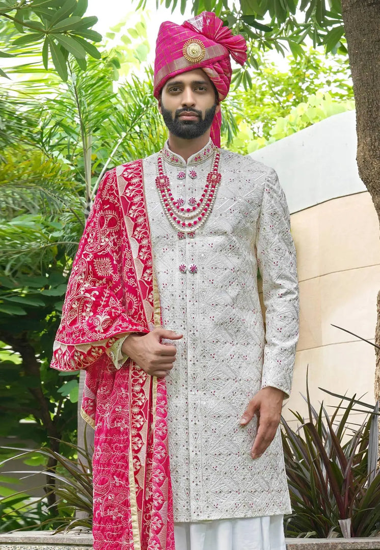 White Silk Anarkali Sherwani