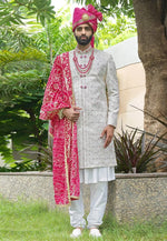 Load image into Gallery viewer, White Silk Anarkali Sherwani
