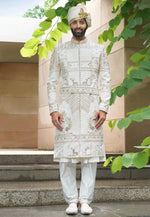 Load image into Gallery viewer, White Silk Anarkali Sherwani
