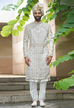 Load image into Gallery viewer, White Silk Anarkali Sherwani
