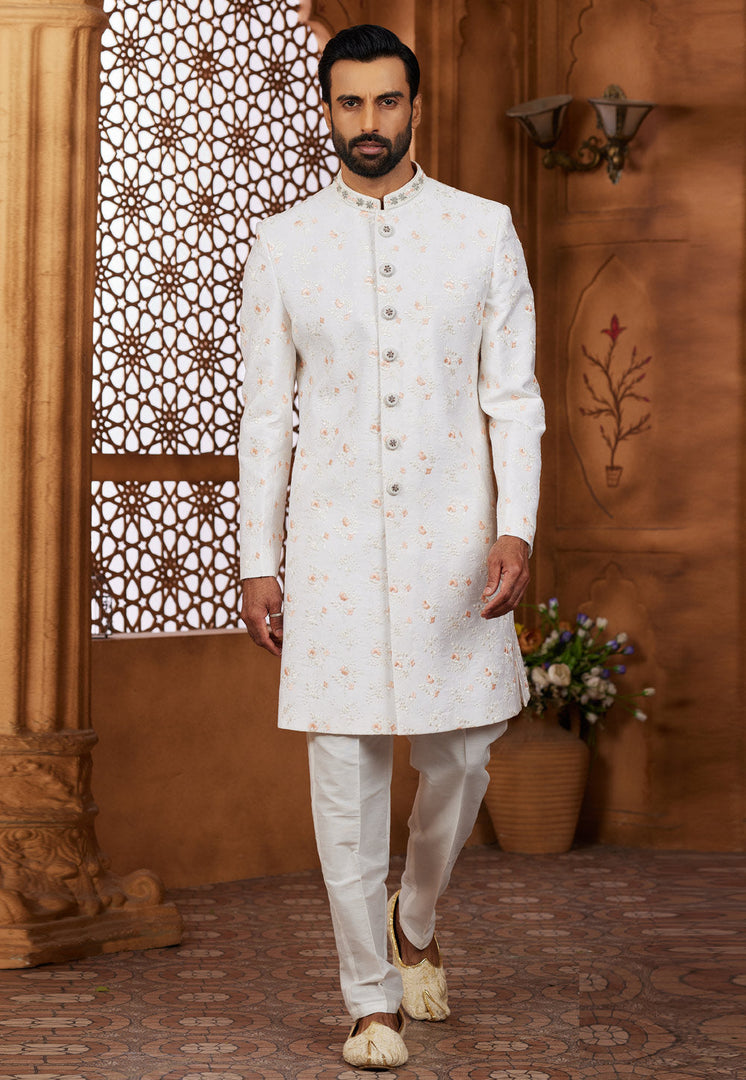 White Silk Indo Western Sherwani