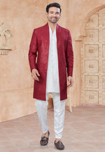Load image into Gallery viewer, White Silk Indo Western Suit
