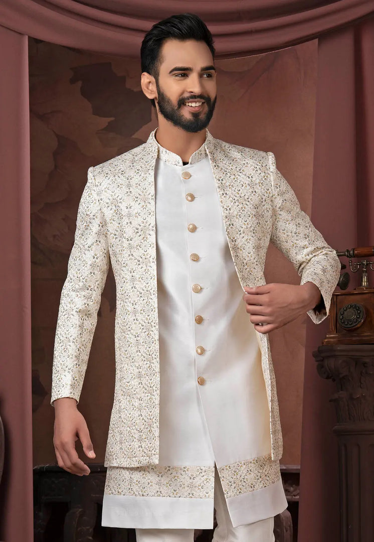 White Silk Jacket Style Sherwani
