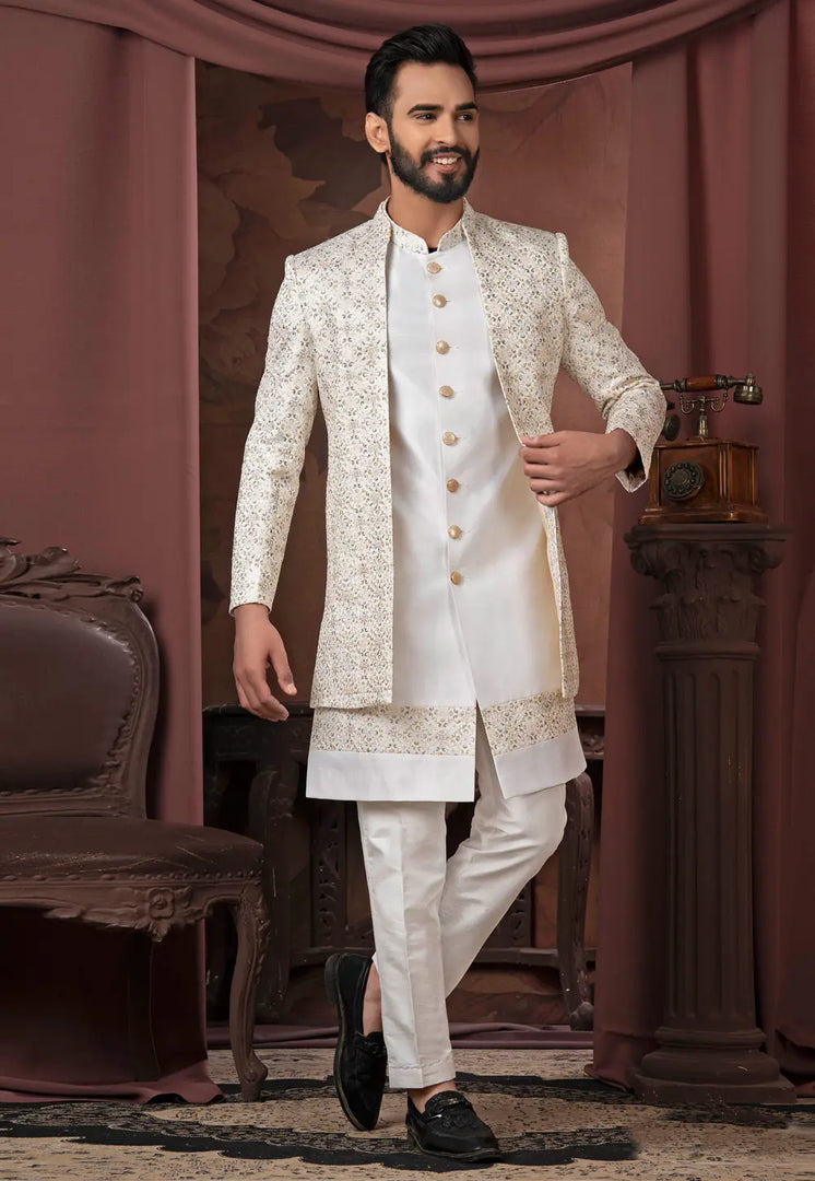 White Silk Jacket Style Sherwani