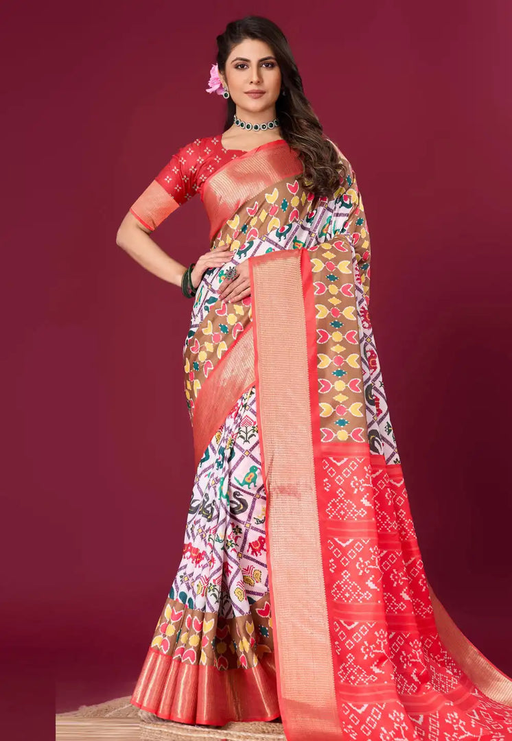 White Silk Satin Saree With Blouse