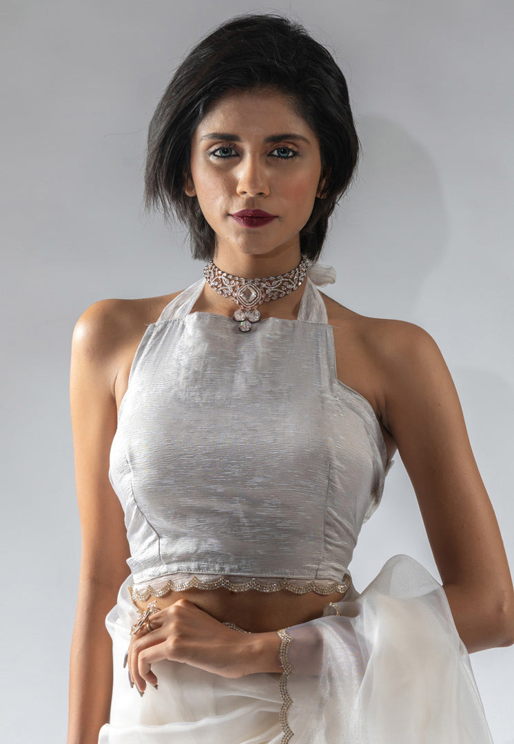 White Tissue Silk Saree With Blouse
