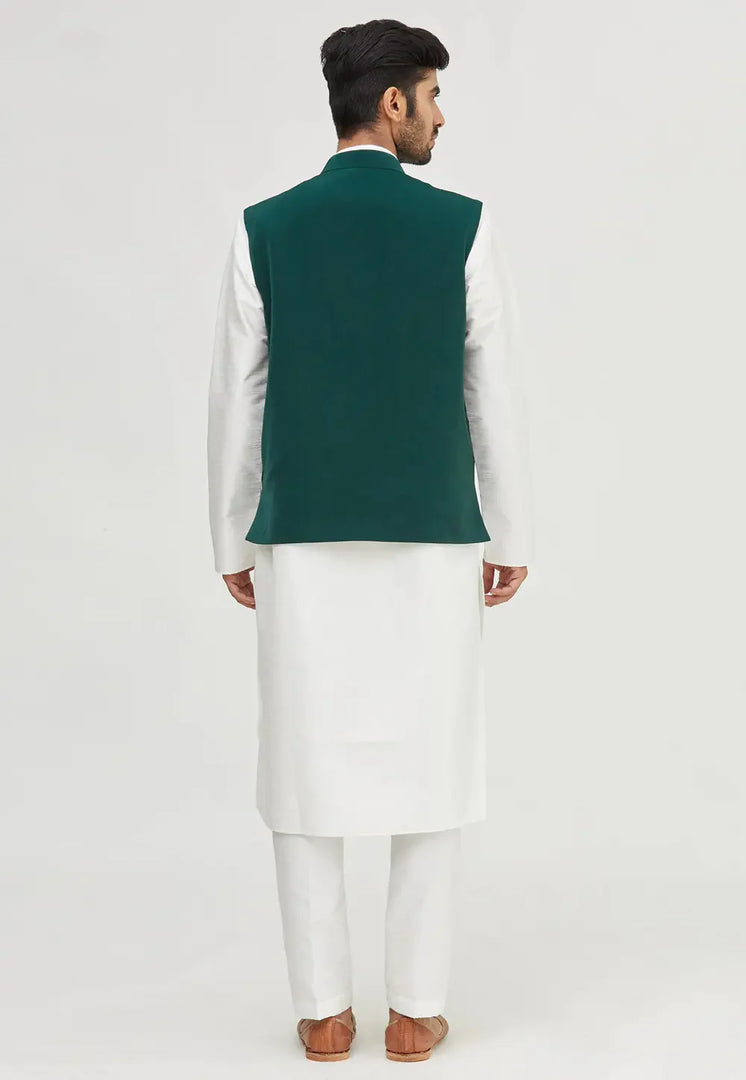 White Velvet Kurta Pajama With Jacket