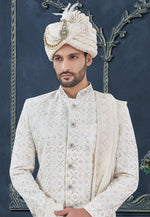 Load image into Gallery viewer, White Viscose Georgette Achkan Style Sherwani
