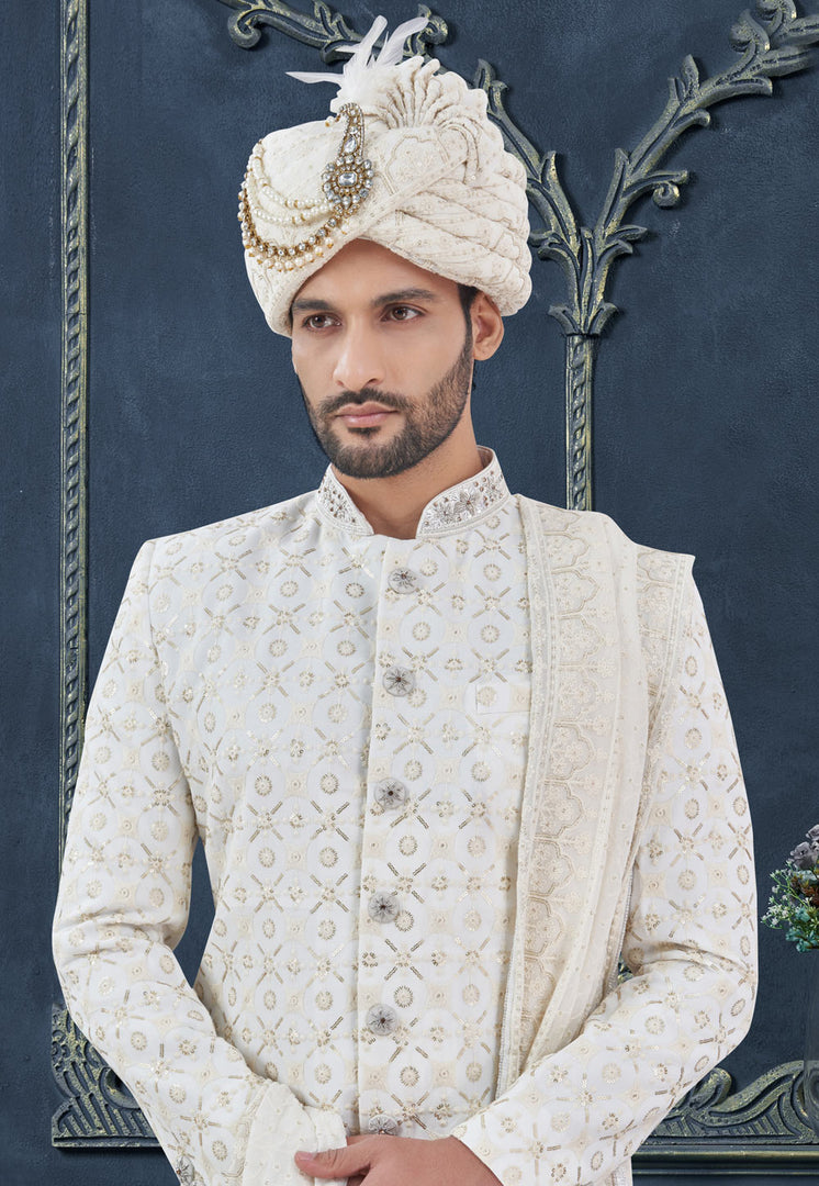 White Viscose Georgette Achkan Style Sherwani