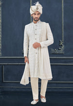 Load image into Gallery viewer, White Viscose Georgette Achkan Style Sherwani
