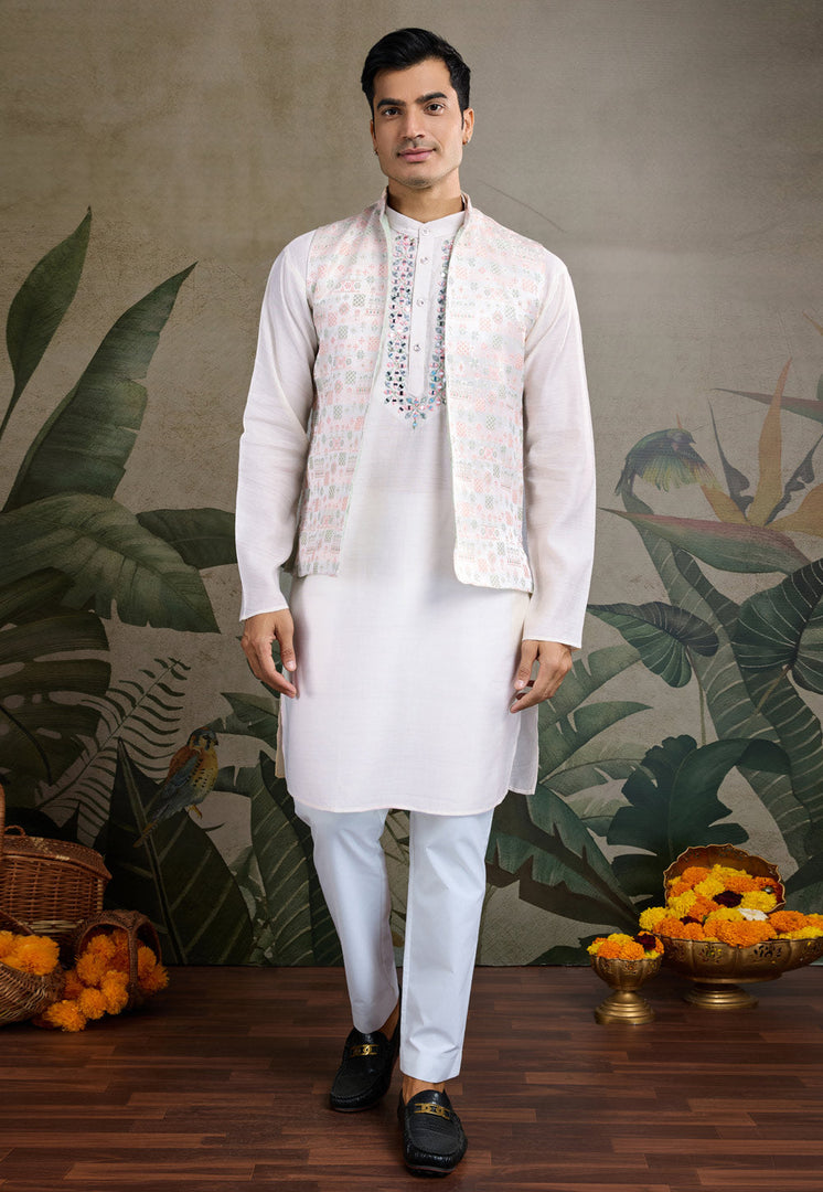 White Viscose Kurta Pajama With Jacket