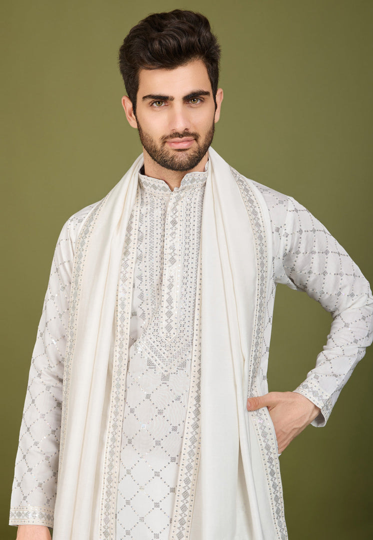 White Viscose Kurta Pajama With Stole