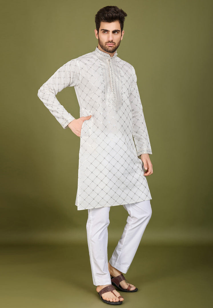 White Viscose Kurta Pajama With Stole