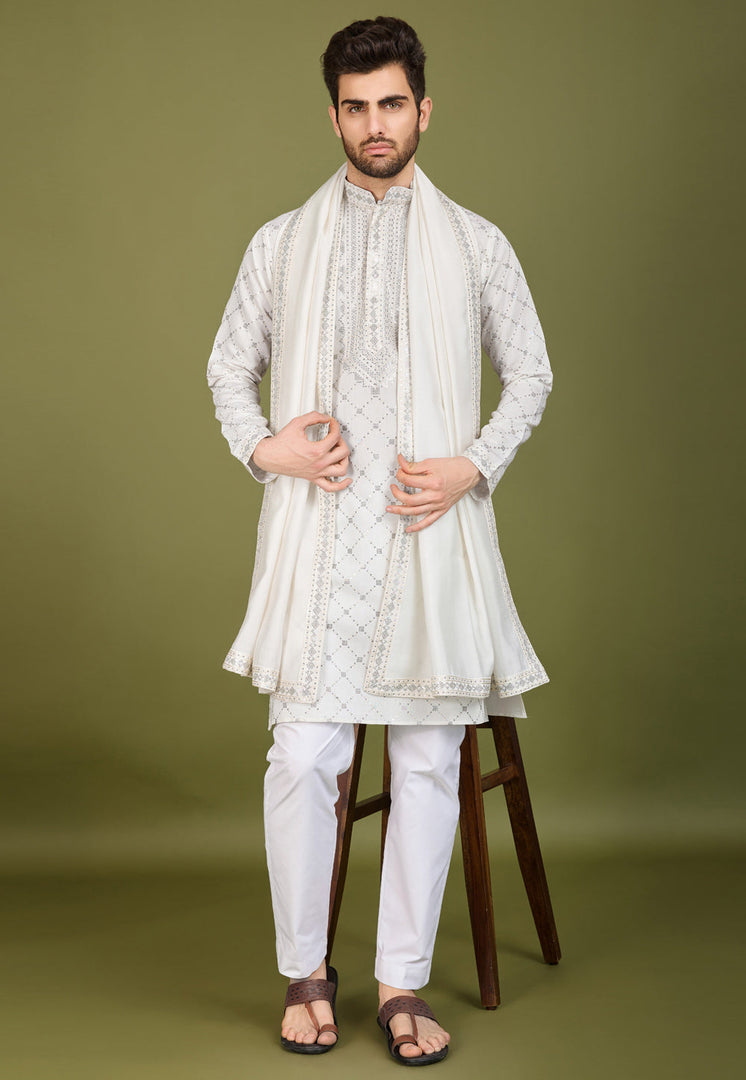 White Viscose Kurta Pajama With Stole