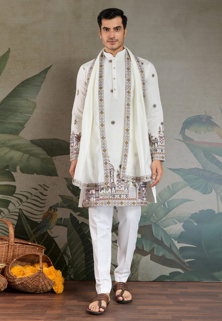 White Viscose Kurta Pajama With Stole